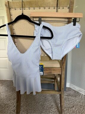 Ruffle Butts Blue & White Striped Peplum Tankini Set